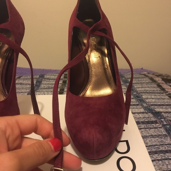 ALDO Red Velvet and Gold Ankle Strap Heels - Picture 3 of 5